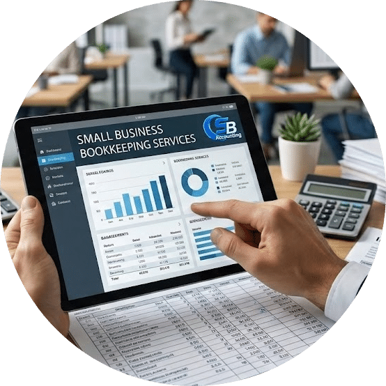 Professional reviewing an interactive dashboard on a tablet displaying affordable bookkeeping services for small businesses, surrounded by financial ledgers, calculators, and invoices.