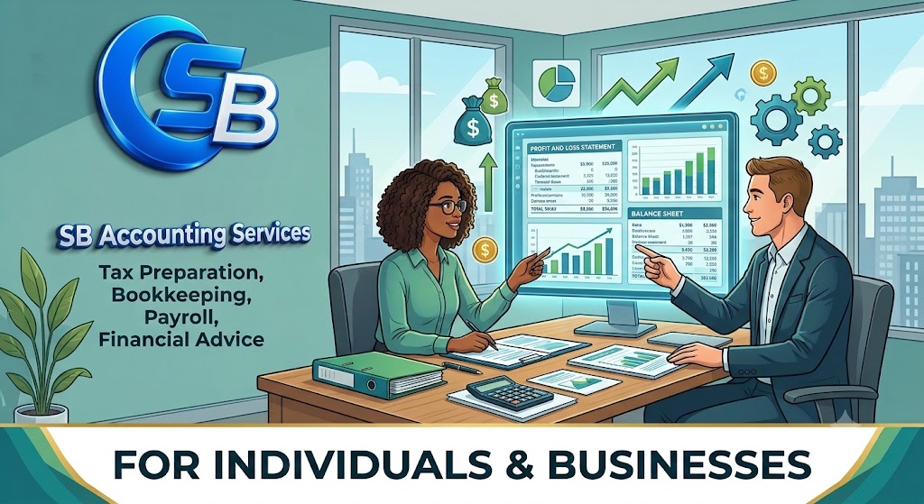 SB Accounting office banner featuring two professionals reviewing financial dashboards, with services including Tax Preparation, Bookkeeping, Payroll, and Financial Advice for individuals and businesses in Charlotte, NC.