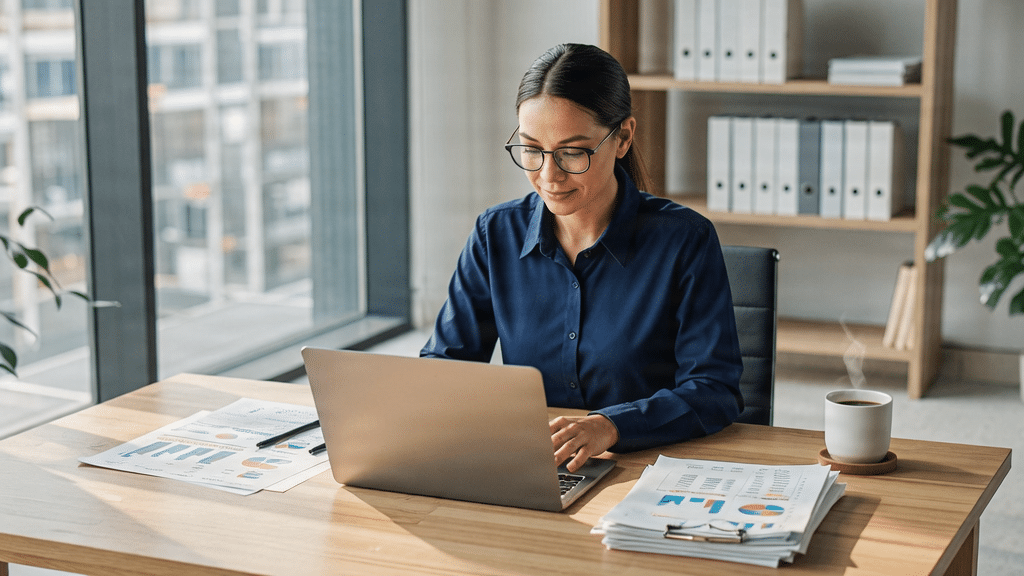 Professional accountant working in a modern, bright office with financial documents and a laptop.