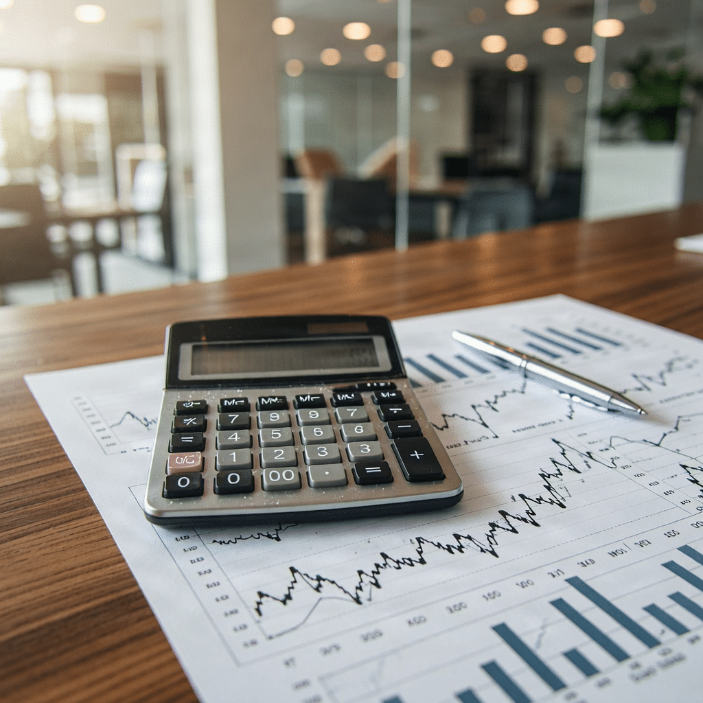 Close-up of financial charts and a calculator on a desk, representing accounting services.