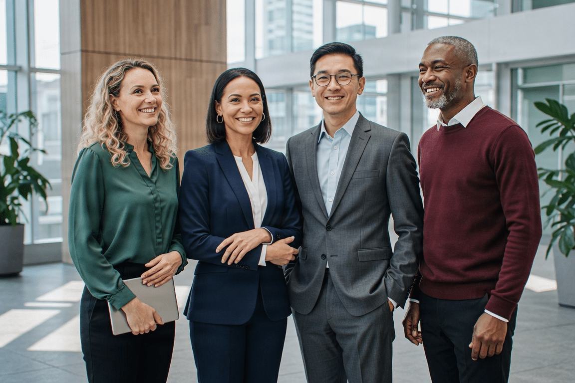 A friendly team of accounting professionals in a corporate setting.
